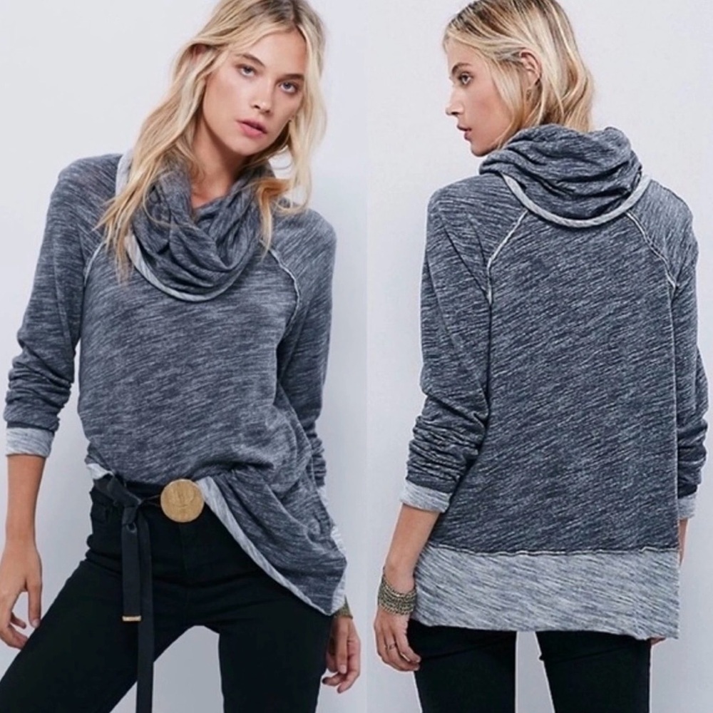 FP BEACH M/L Cozy Slouchy Space Dye Gray Cocoon Pullover Cowl Neck Hood Raw Edge